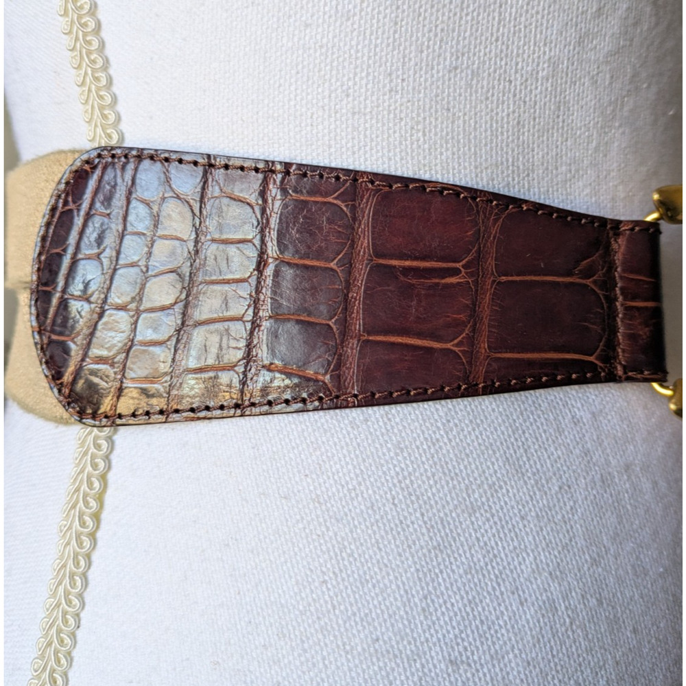 Vintage Donna Karan Geniune Alligator Brown Canvas Waist Belt Petite Small Italy - Picture 11 of 13